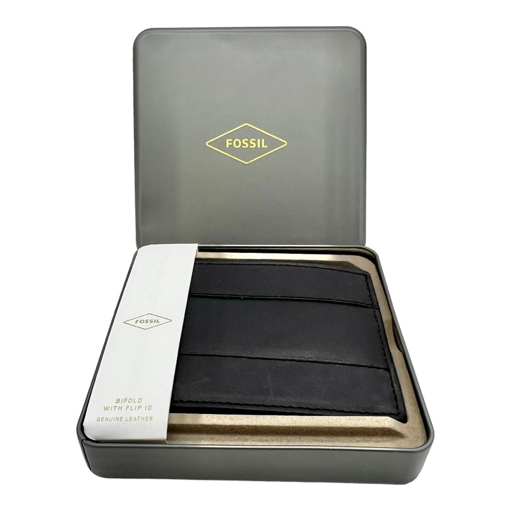 New FOSSIL Leather Wallet Bi-fold Flip ID Dark Brown Tin Box